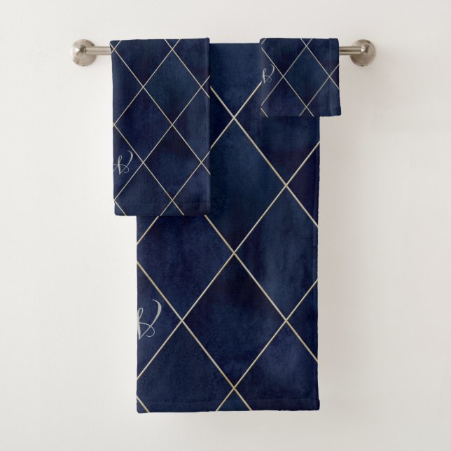 Elegant Luxurious Argyle Royal Blue Beige Gold Bath Towel Set (Insitu)