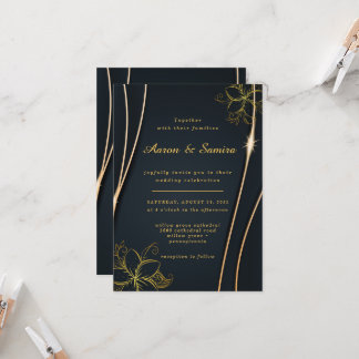 Elegant Luxurious Black and Gold Floral wedding Invitation