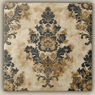 Elegant Luxurious Black Gold Beige Ivory Damask Ceramic Tile