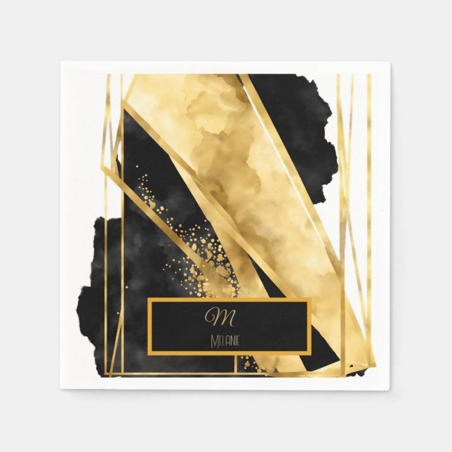 Elegant Luxurious Black Gold Monogram Modern Glam Napkin (Front)