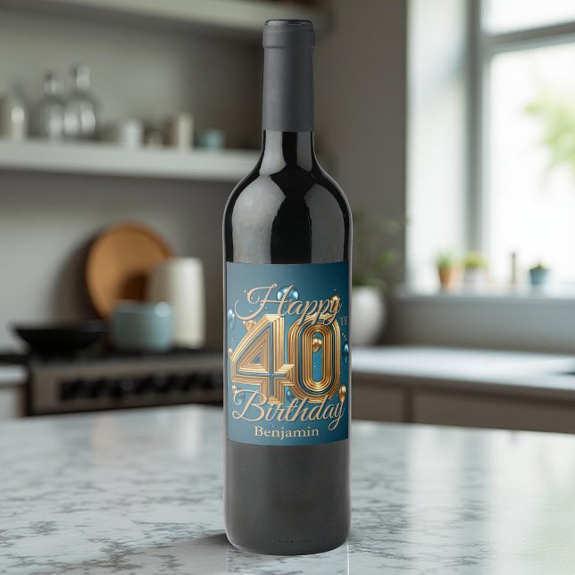 Elegant Luxurious Blue and Gold 40th Birthday Wine Label (Creator Uploaded)