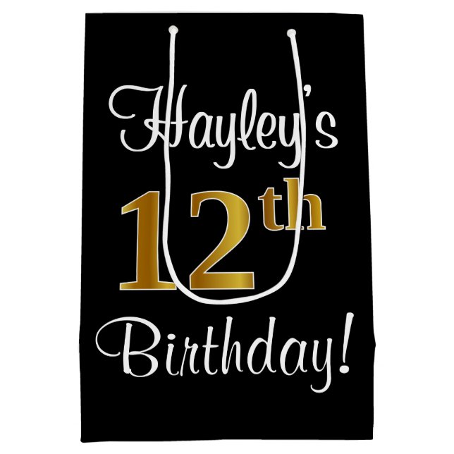 Elegant, Luxurious, Faux Gold Look 12th Birthday Medium Gift Bag (Back)