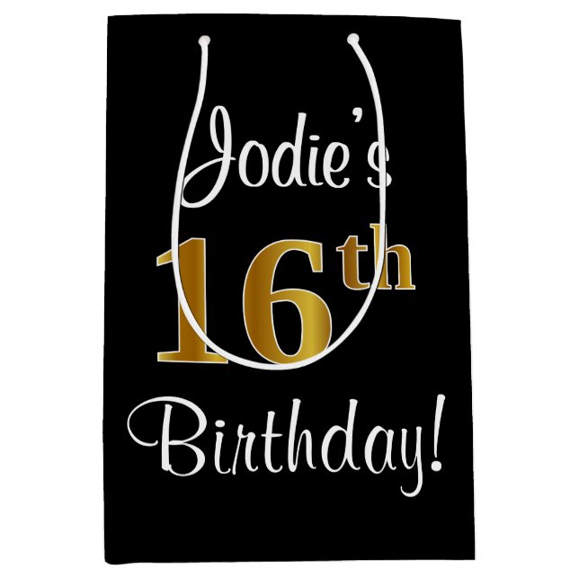 Elegant, Luxurious, Faux Gold Look 16th Birthday Medium Gift Bag (Front)