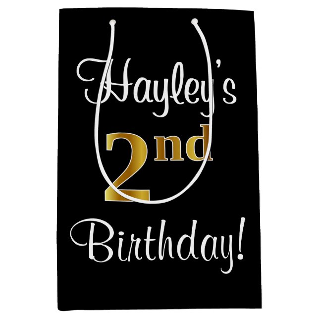 Elegant, Luxurious, Faux Gold Look 2nd Birthday Medium Gift Bag (Front)