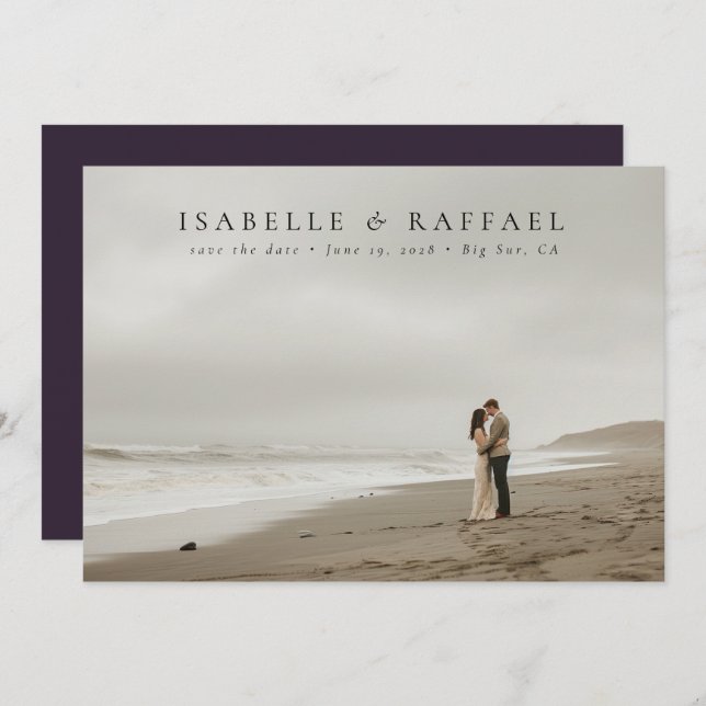 Elegant Luxurious Formal Photo Dark Purple Wedding Save The Date (Front/Back)