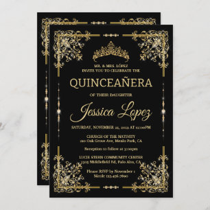 Elegant Luxurious Gold and Black Quinceanera Invitation