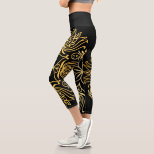 Elegant Luxurious Gold Mandala on Black Capri Legg Leggings