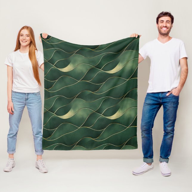 Elegant Luxurious Green and Gold Swirl Pattern Fleece Blanket (In Situ)