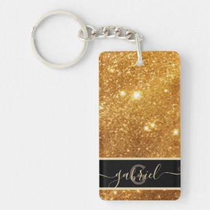 Elegant Luxurious Pure Gold Glitter Monogram Glam  Key Ring