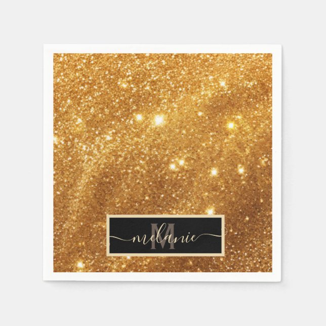 Elegant Luxurious Pure Gold Glitter Monogram Glam Napkin (Front)