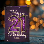 Elegant Luxurious Purple and Gold 21st Birthday Card<br><div class="desc">Mark the beginning of adulthood with a greeting card that’s as dazzling and one-of-a-kind as the birthday celebrant themselves! This vibrant 21st birthday card is a celebration captured on paper, designed to make them feel like the star of their own party. With a shimmering backdrop of rich purple and golden...</div>