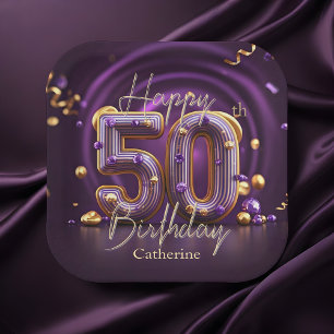 Elegant Luxurious Purple and Gold 50th Birthday Paper Plate
