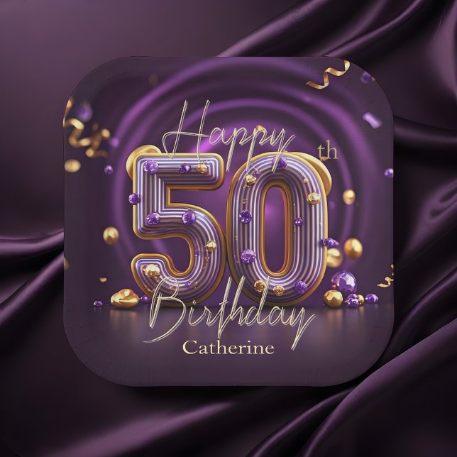 Elegant Luxurious Purple and Gold 50th Birthday Paper Plate (Creator Uploaded)