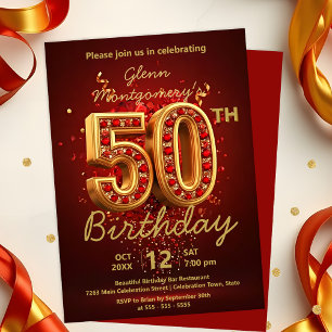 Elegant Luxurious Red and Gold 50th Birthday Invitation