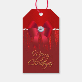 Elegant luxurious red satin bow glitter Christmas Gift Tags