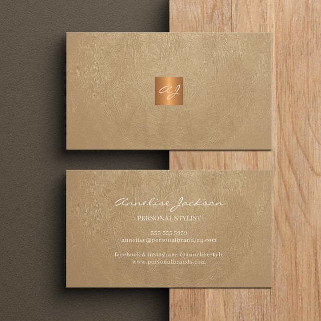 Elegant luxury beige leather copper gold monogram business card (Creator Uploaded)