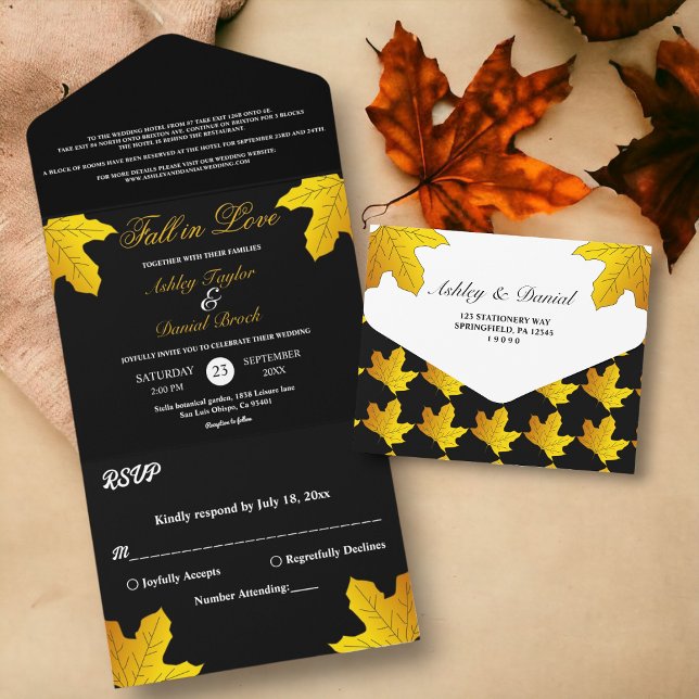 Elegant Luxury Black And Gold Leaves Fall Wedding All In One Invitation (Creator Uploaded)