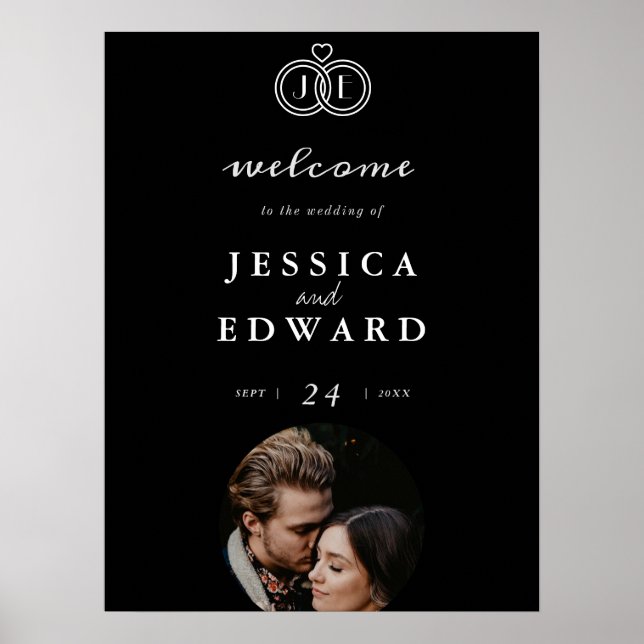 Elegant Luxury Black Gold Monogram Photo Wedding Poster (Front)