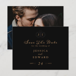 Elegant Luxury Black Gold Ring Monogram Photo Save The Date