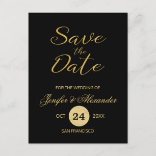 Elegant luxury black gold wedding save date script announcement postcard