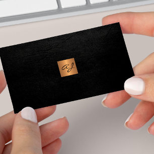 Elegant luxury black leather copper gold monogram business card