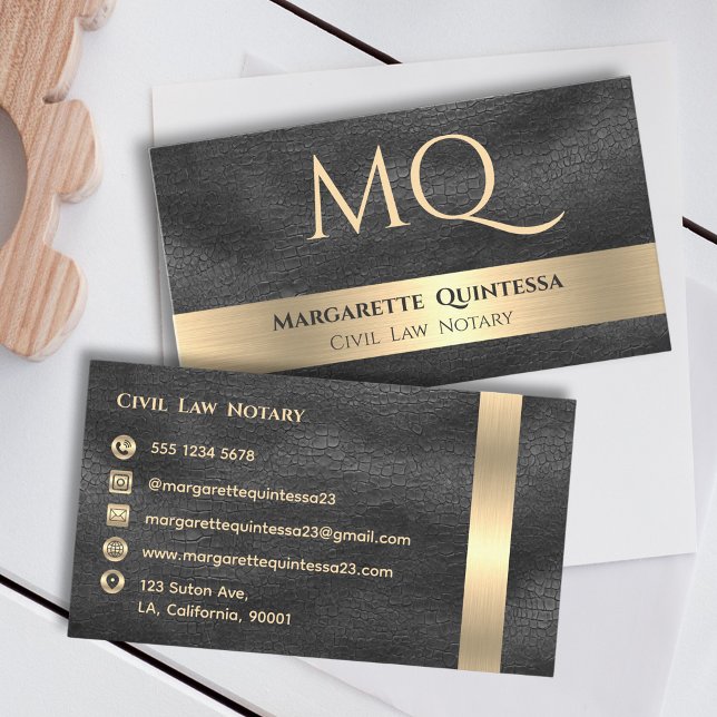Elegant Luxury Black Leather Stylish Gold Monogram Business Card (Creator Uploaded)