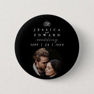 Elegant Luxury Black White Monogram Photo Wedding 6 Cm Round Badge