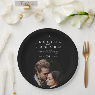 Elegant Luxury Black White Monogram Photo Wedding Paper Plate