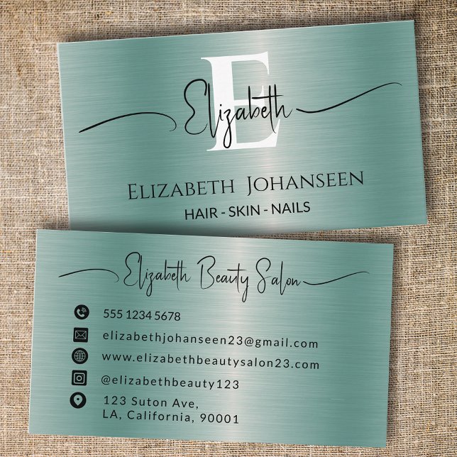 Elegant Luxury Blue Brushed Metal Girly Monogram Business Card (Creator Uploaded)