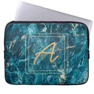Elegant Luxury Blue Gold Marble Effect Monogram  Laptop Sleeve