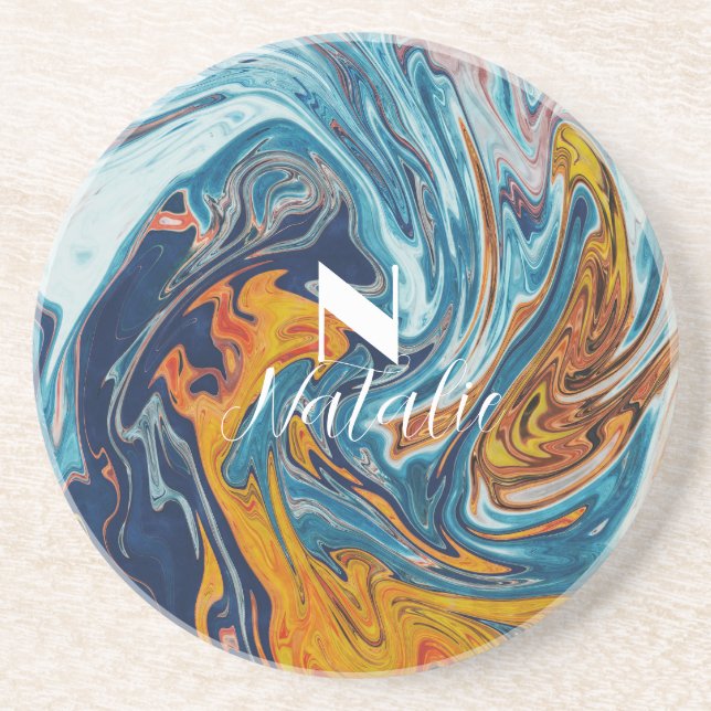 Elegant Luxury Blue Gold Monogram       Coaster (Front)