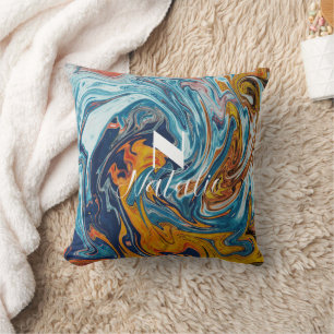 Elegant Luxury Blue Gold Monogram Cushion