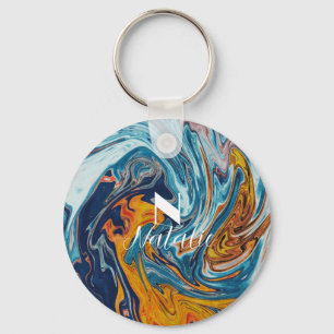 Elegant Luxury Blue Gold Monogram Key Ring