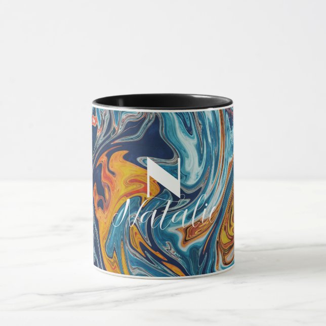 Elegant Luxury Blue Gold Monogram         Mug (Center)