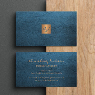 Elegant luxury blue leather copper gold monogram business card
