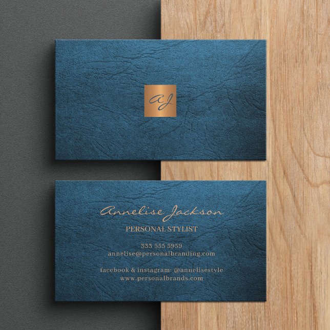 Elegant luxury blue leather copper gold monogram business card (Please note that the leather look is PRINTED, there is no real leather!)