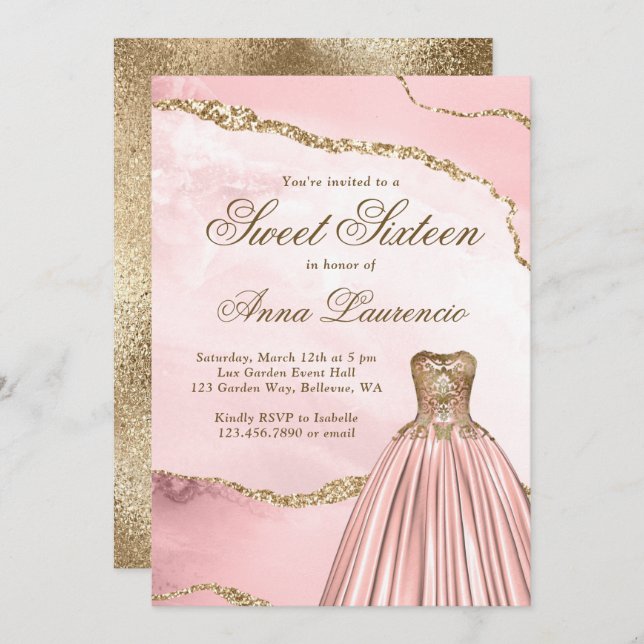 Elegant Luxury Blush Pink Gold Marble Sweet 16 Invitation (Front/Back)