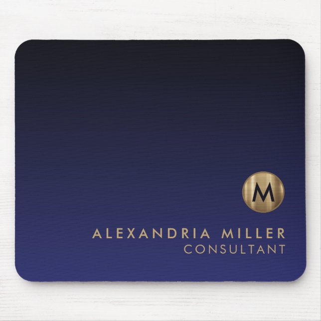 Elegant Luxury Brushed Gold Monogram Navy Blue Mouse Pad (Front)