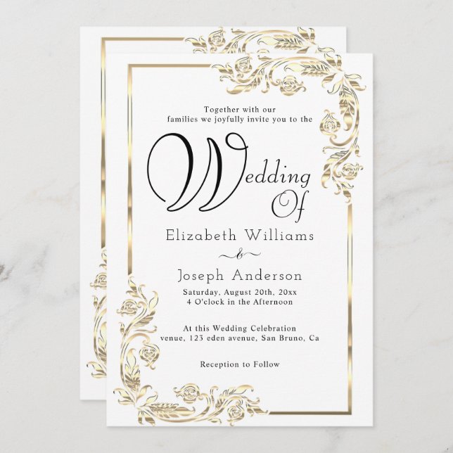 Elegant Luxury Budget Gold Floral Frame Wedding  Invitation (Front/Back)