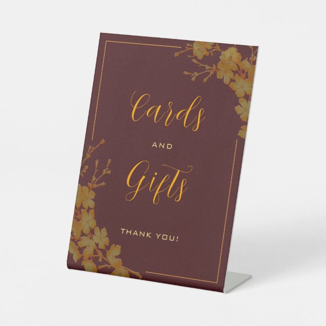 Elegant Luxury Burgundy & Gold Floral Cards Gifts Pedestal Sign (Front)
