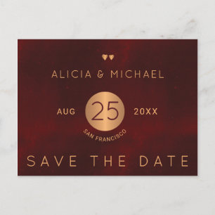 Elegant luxury burgundy gold wedding save date announcement postcard