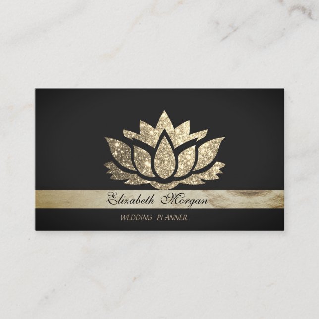 Elegant Luxury Chic Black Faux Gold  Glitter Lotus Business Card (Front)