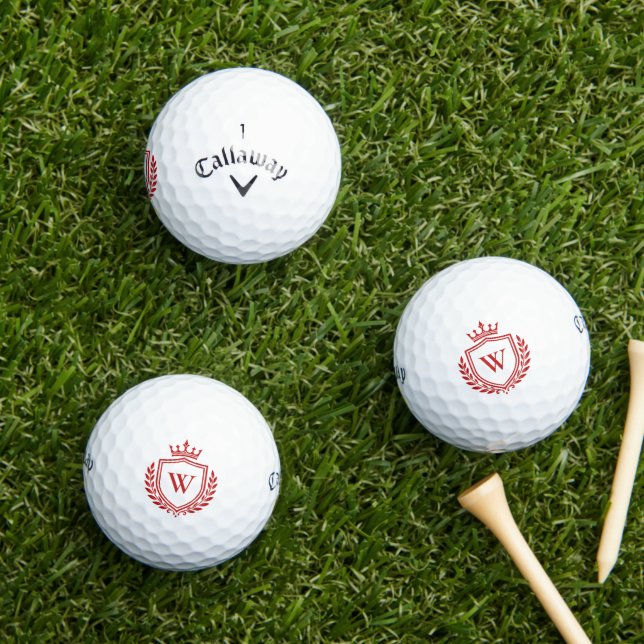 Elegant Luxury Crest Crown Monogram Red Initial Golf Balls (Insitu Grass)
