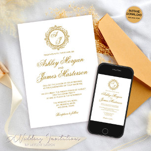Elegant Luxury Dark Gold Monogram White Wedding Invitation