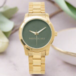 Elegant Luxury Dark Green & Gold Name Birthday Watch<br><div class="desc">An elegant watch featuring a dark green leather texture strap with gold script accents. This sophisticated design combines luxury and style,  offering a timeless accessory that adds a touch of refinement to any outfit.</div>