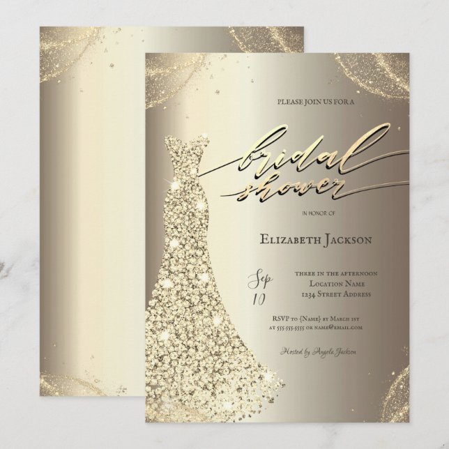 Elegant Luxury Dress Gold Bridal Shower  Invitation (Front/Back)