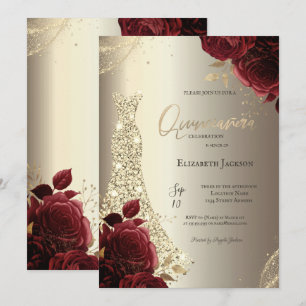 Elegant Luxury Dress Red Roses Gold Quinceañera Invitation