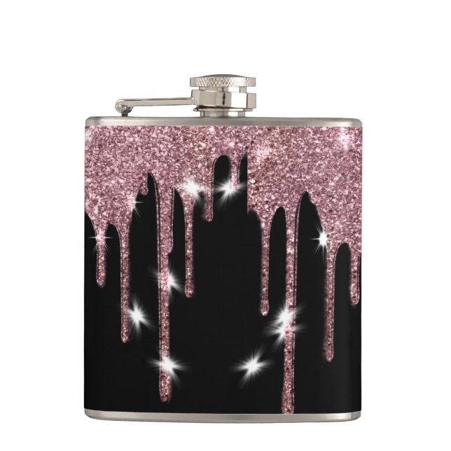 Elegant Luxury Faux Glitter Pink Rose Drip Hip Flask (Front)