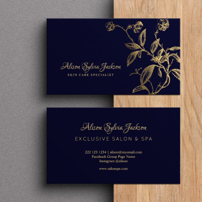 Elegant luxury faux gold foil dark navy blue business card (Creator Uploaded)