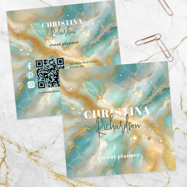 Elegant Luxury Glam Gold Glitter Aquamarine Marble Square Business Card (Creator Uploaded)